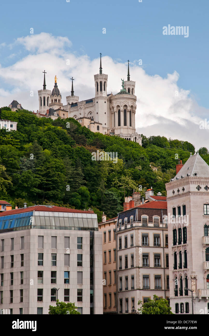 View of Lyon with famous cathedral Notre Dame Basilica on the hill
