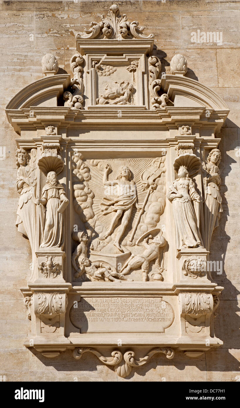 Vienna - Tomb stone with the resurrection of Jesus relief from west facade of monastery church in Klosterneuburg Stock Photo