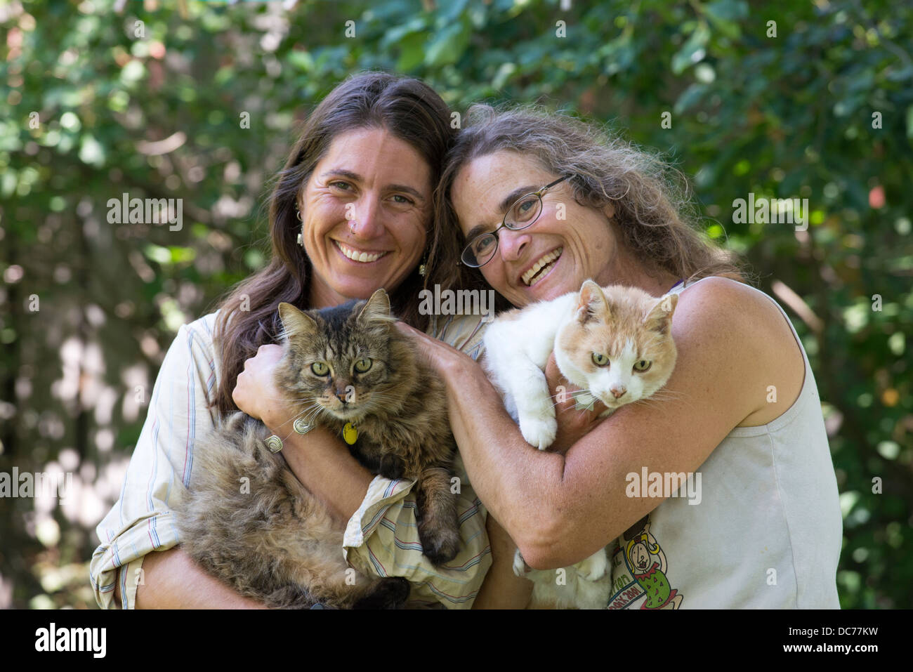 Women with cats, Oregon. Stock Photo