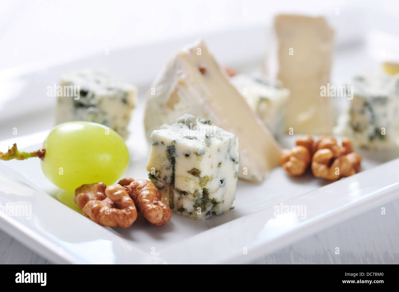 Camembert and blue cheese on plate with grape and walnut closeup Stock Photo