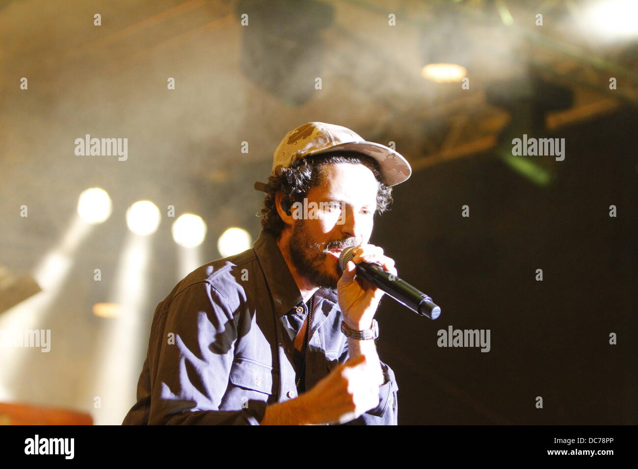 Worms, Germany. 10th August 2013. Singer Max Herre is pictured on stage.  The German singer Max Herre performed live at the Jazz & Joy Festival 2013  in Worms. Max Herre is a