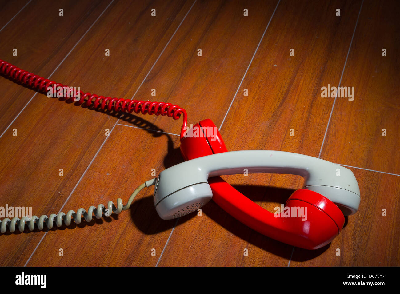 Old vintage phone handsets on wood Stock Photo