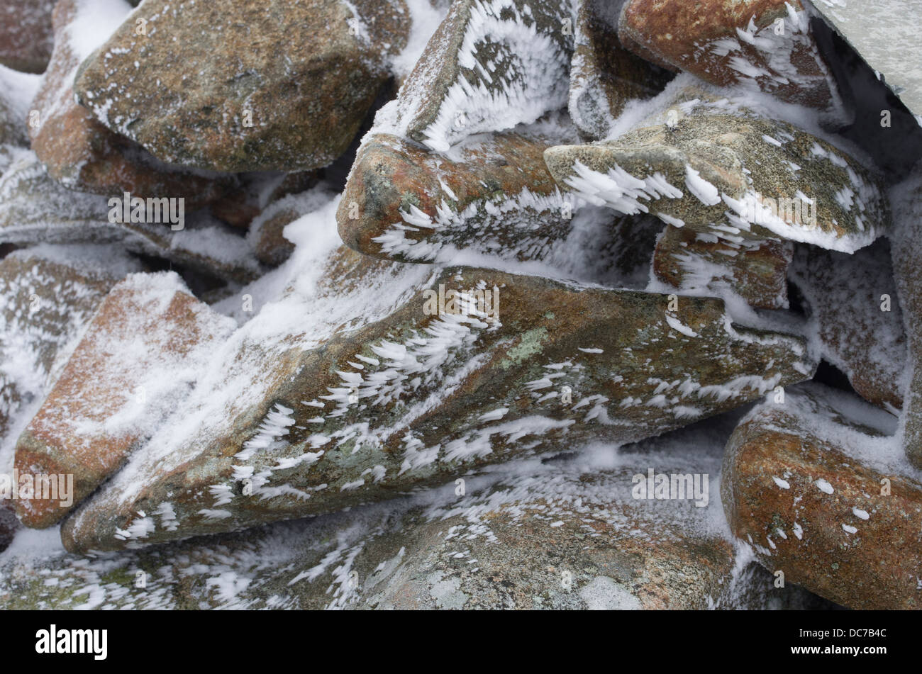 Haw Frost crystals forming on rocks, The Lake District National Park in Winter, Cumbria Stock Photo