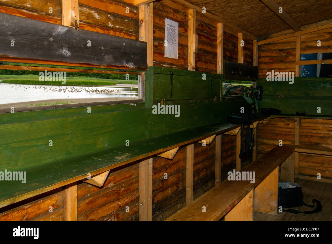 Interior of a wooden bird hide blind. Killingholme pits. N Lincolnshire Stock Photo