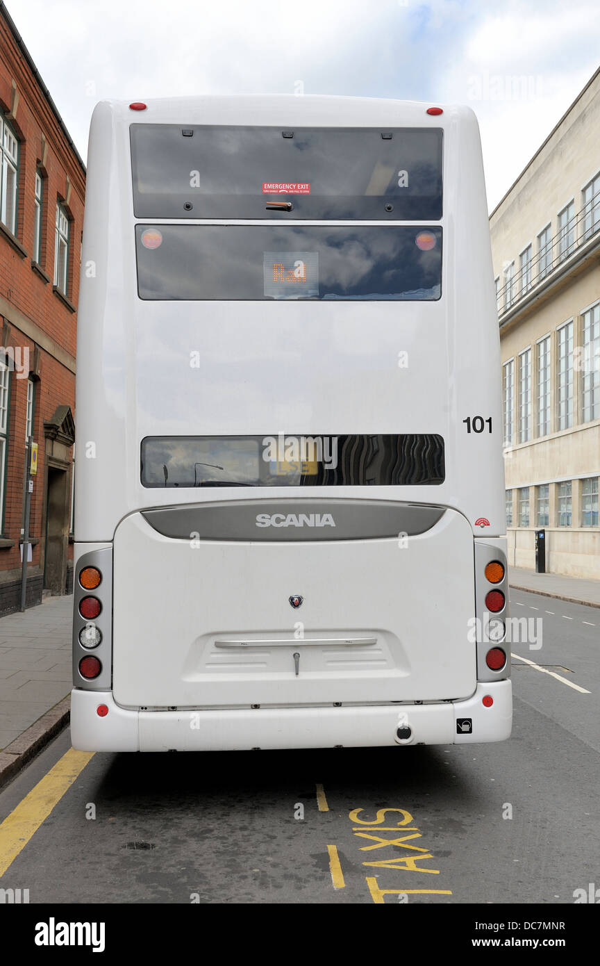Back of a Scania double decker bus used as a rail replacement service during the refurbishment of Nottingham's railway station Stock Photo