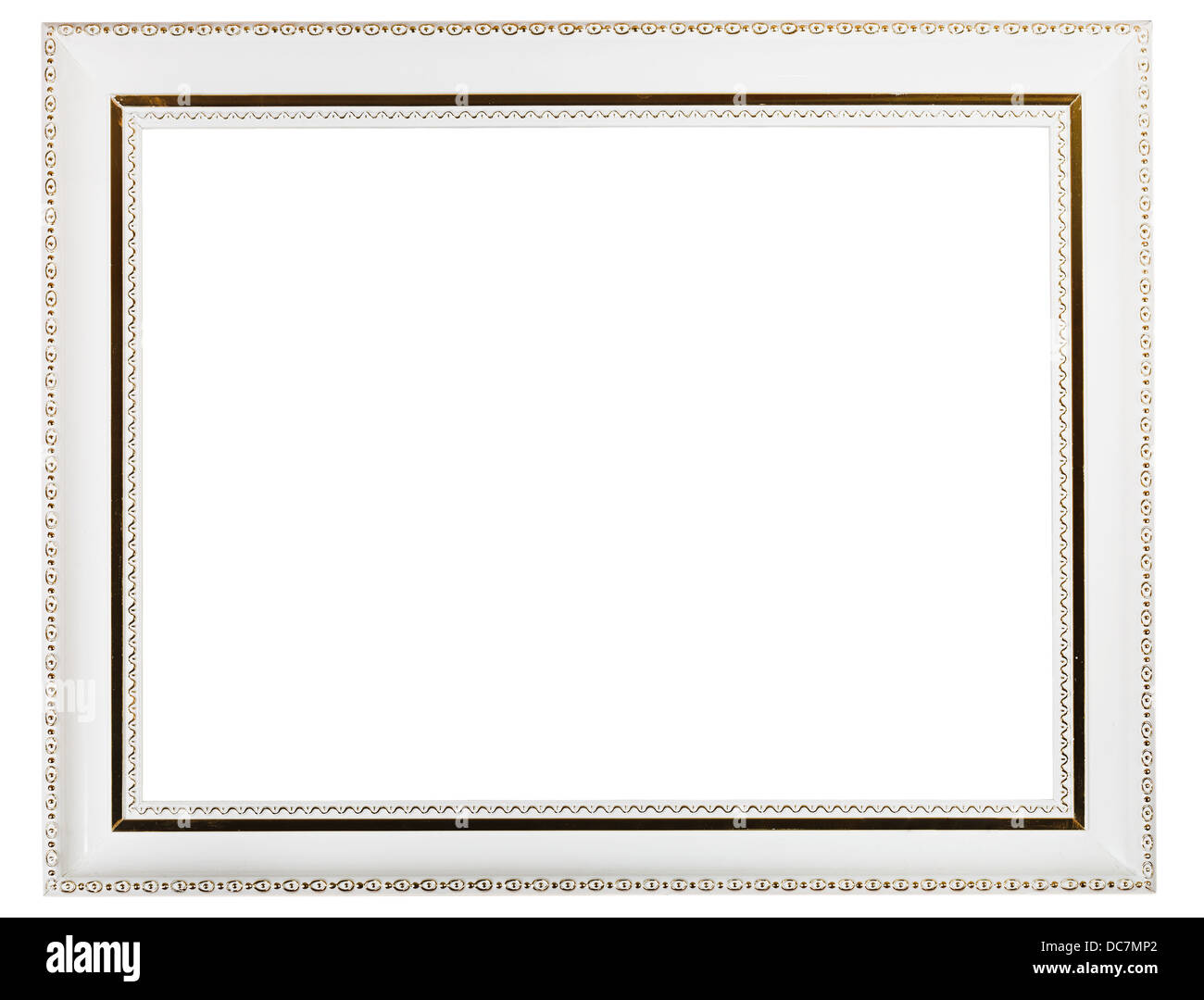 vintage wide white picture frame with cutout canvas isolated on white