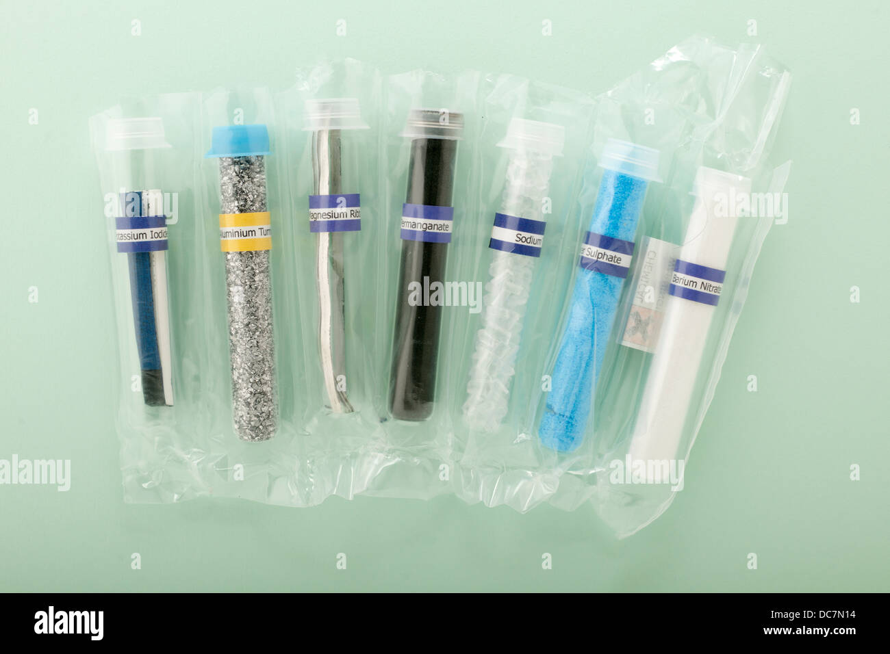 Chemical refills in test tubes wrapped in cellophane Stock Photo