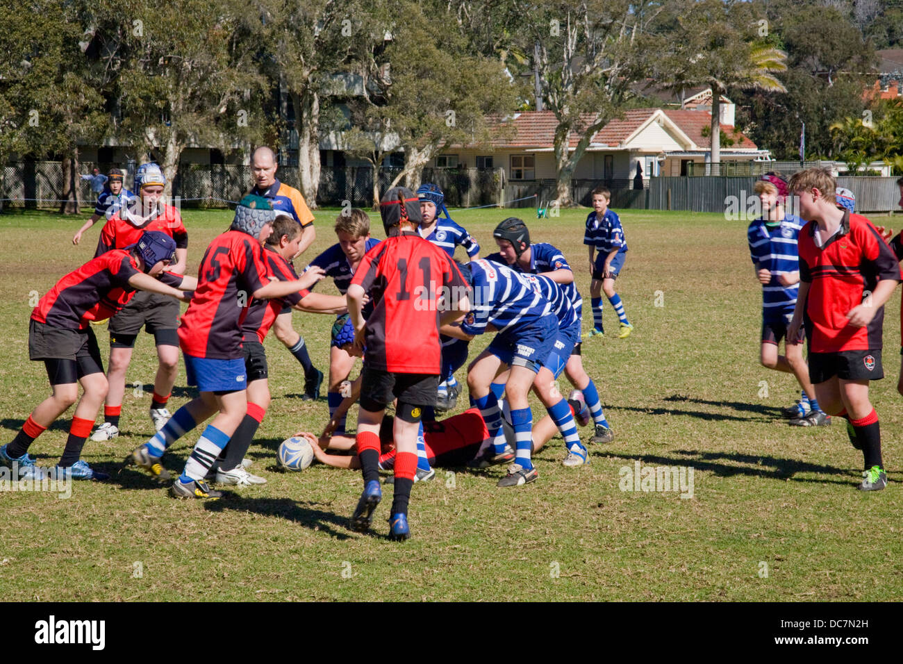 australian boys play rugby union in newport,sydney,australia Stock