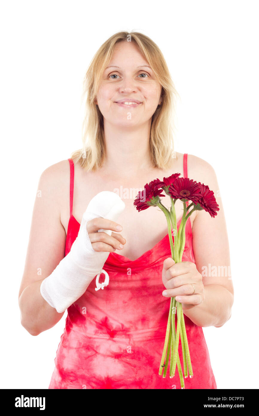 Beautiful woman is happy that her finger gets alright Stock Photo