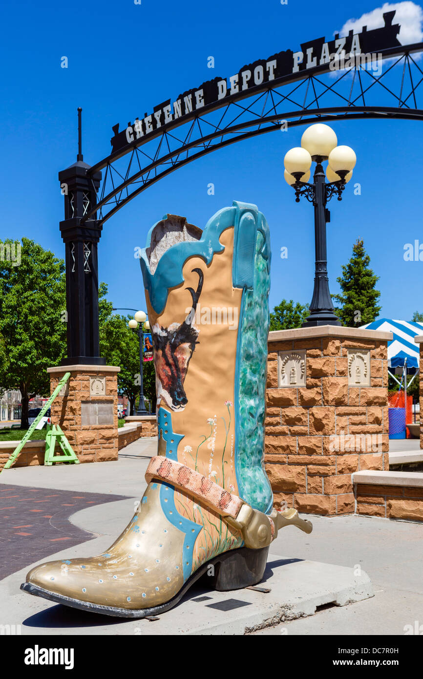 Giant cowboy boot in Cheyenne Depot Plaza in historic, downtown Cheyenne, Wyoming, USA Stock Photo