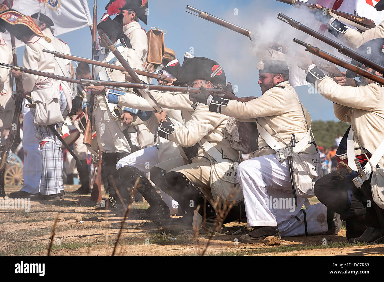Troops of Spanish soldiers firing on the battlefield in Representation of the Battle of Bailen, Bailén Jaén province, Andalusia, Stock Photo