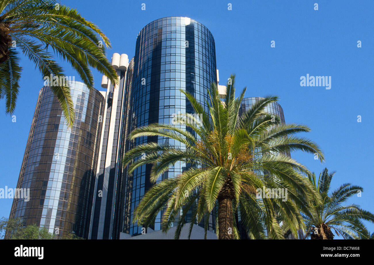 The 34-story Westin Bonaventure Hotel in downtown Los Angeles, California, USA, is recognized by its round towers of reflective glass windows. Stock Photo
