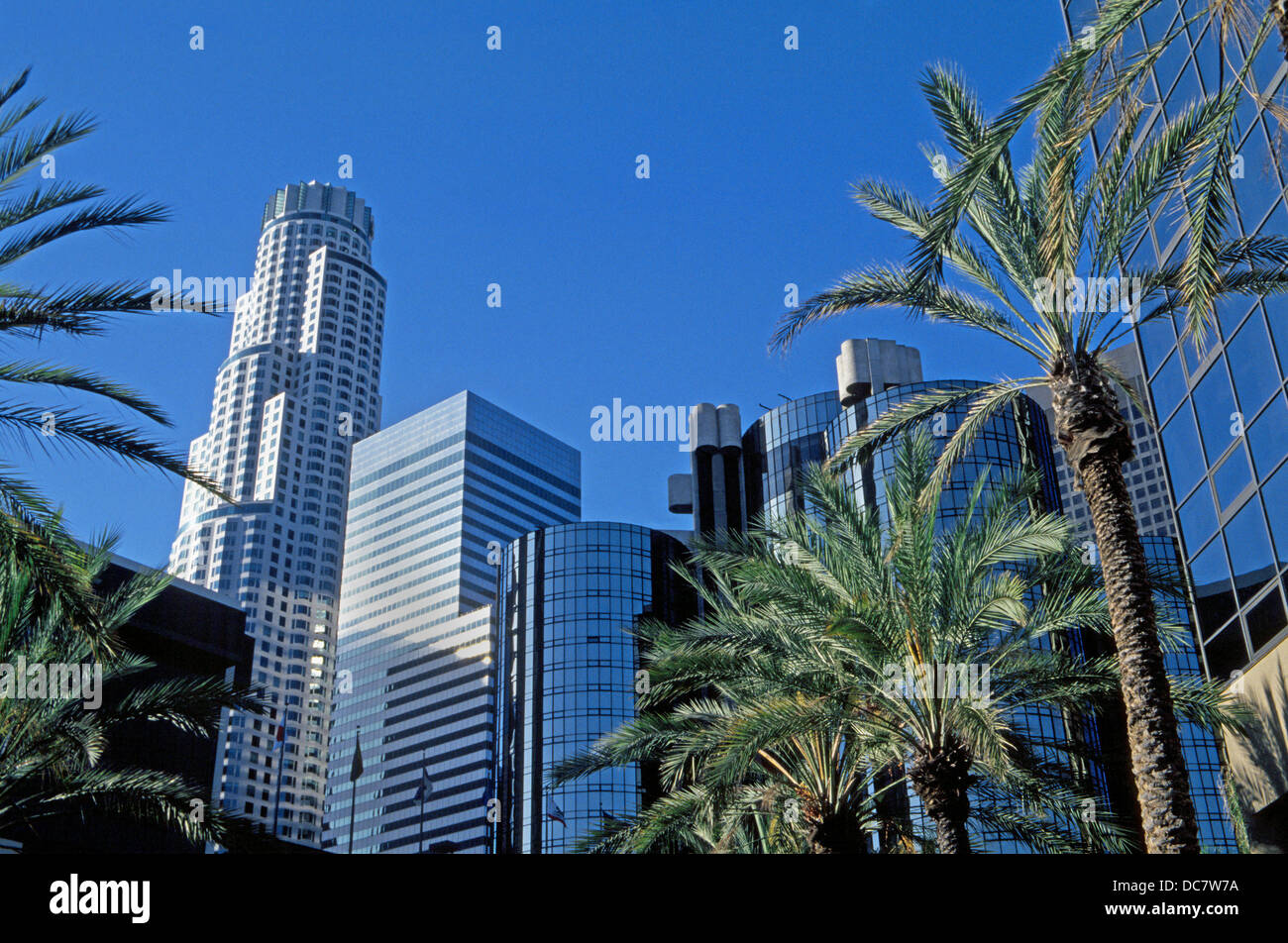Skyscrapers of varied architectural designs give a distinctive skyline to the downtown financial district in Los Angeles, California, USA. Stock Photo