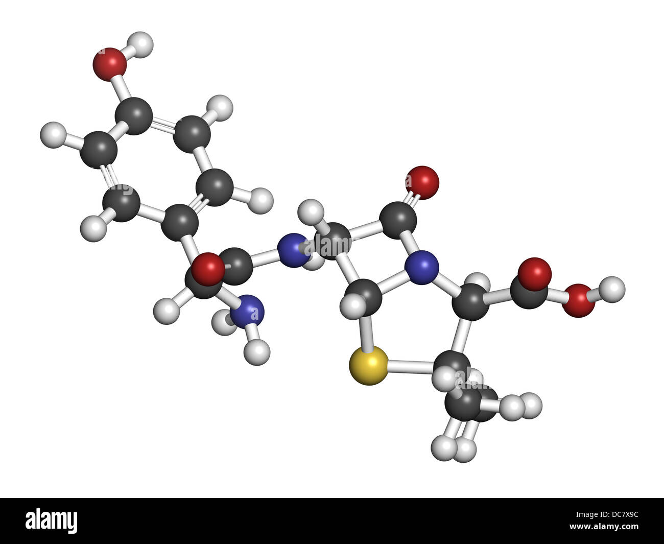 Amoxicillin betalactam antibiotic drug, chemical structure. Atoms are