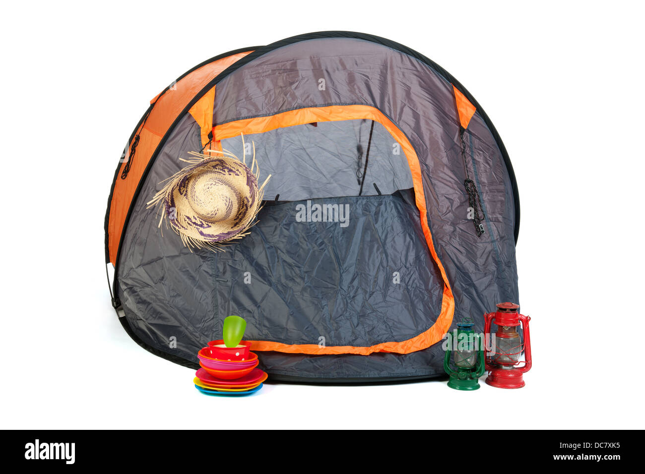 isolated tent on camping with light equipment Stock Photo
