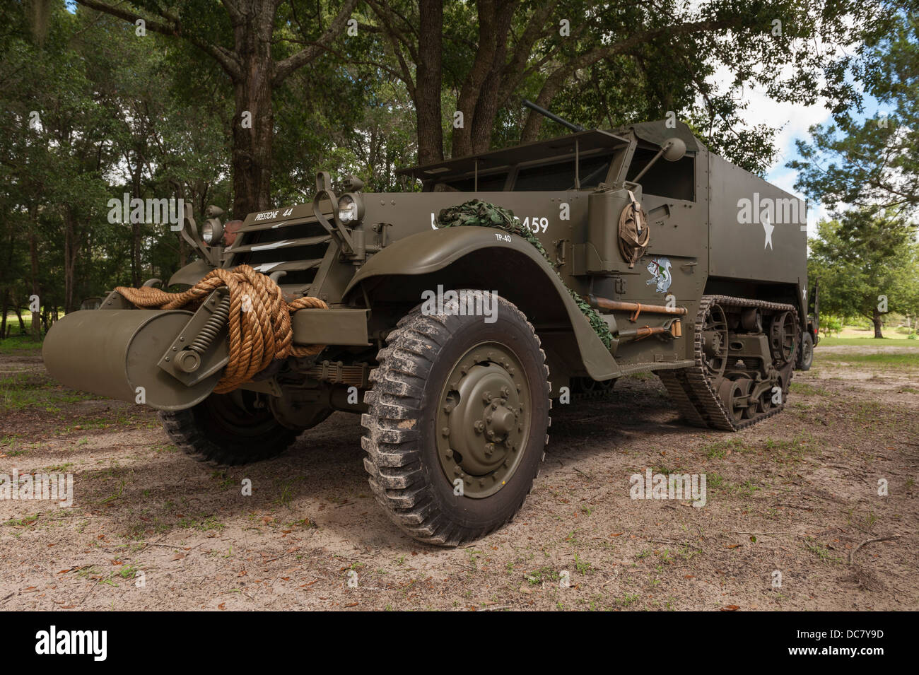 A 1943 M15 Halftrack military vehicle with a 50mm gun restored and being shown at a club meet in Central Florida USA. Stock Photo
