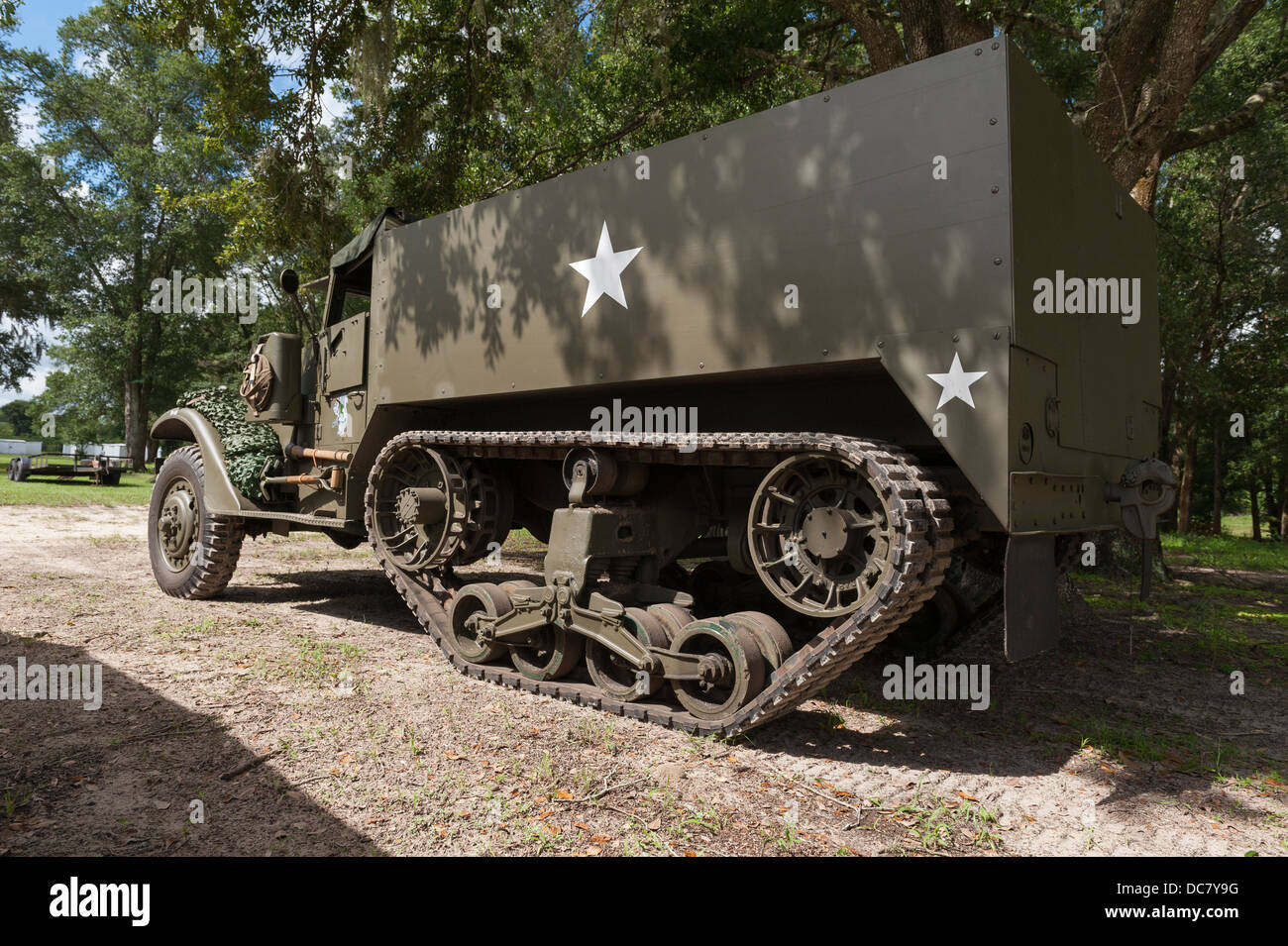 A 1943 M15 Halftrack military vehicle with a 50mm gun restored and being shown at a club meet in Central Florida USA. Stock Photo