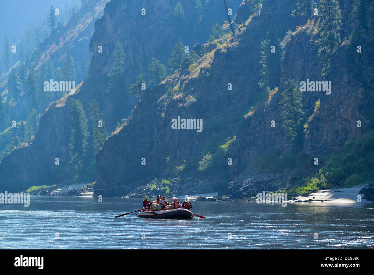 Raft group floating down Idaho's Main Salmon River. Stock Photo