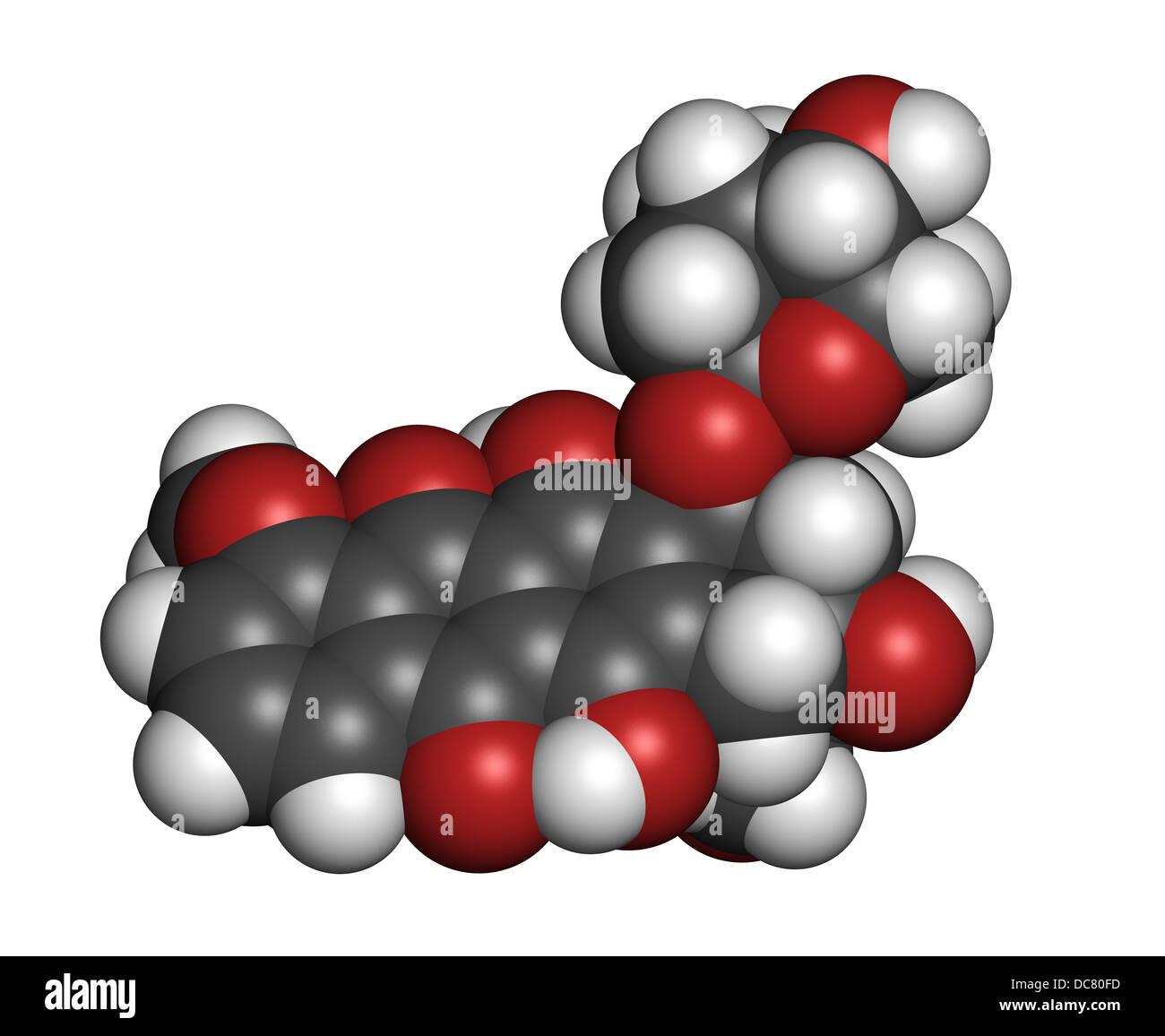 Doxorubicin cancer chemotherapy drug, chemical structure. Atoms are represented as spheres with conventional color coding Stock Photo