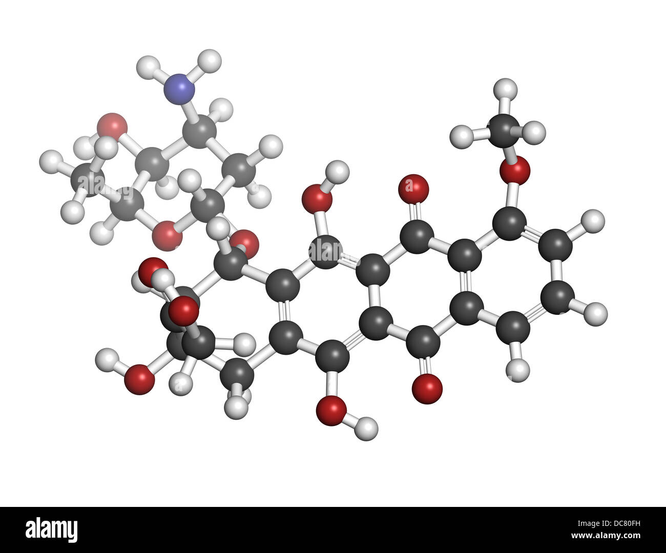Doxorubicin cancer chemotherapy drug, chemical structure. Atoms are represented as spheres with conventional color coding Stock Photo