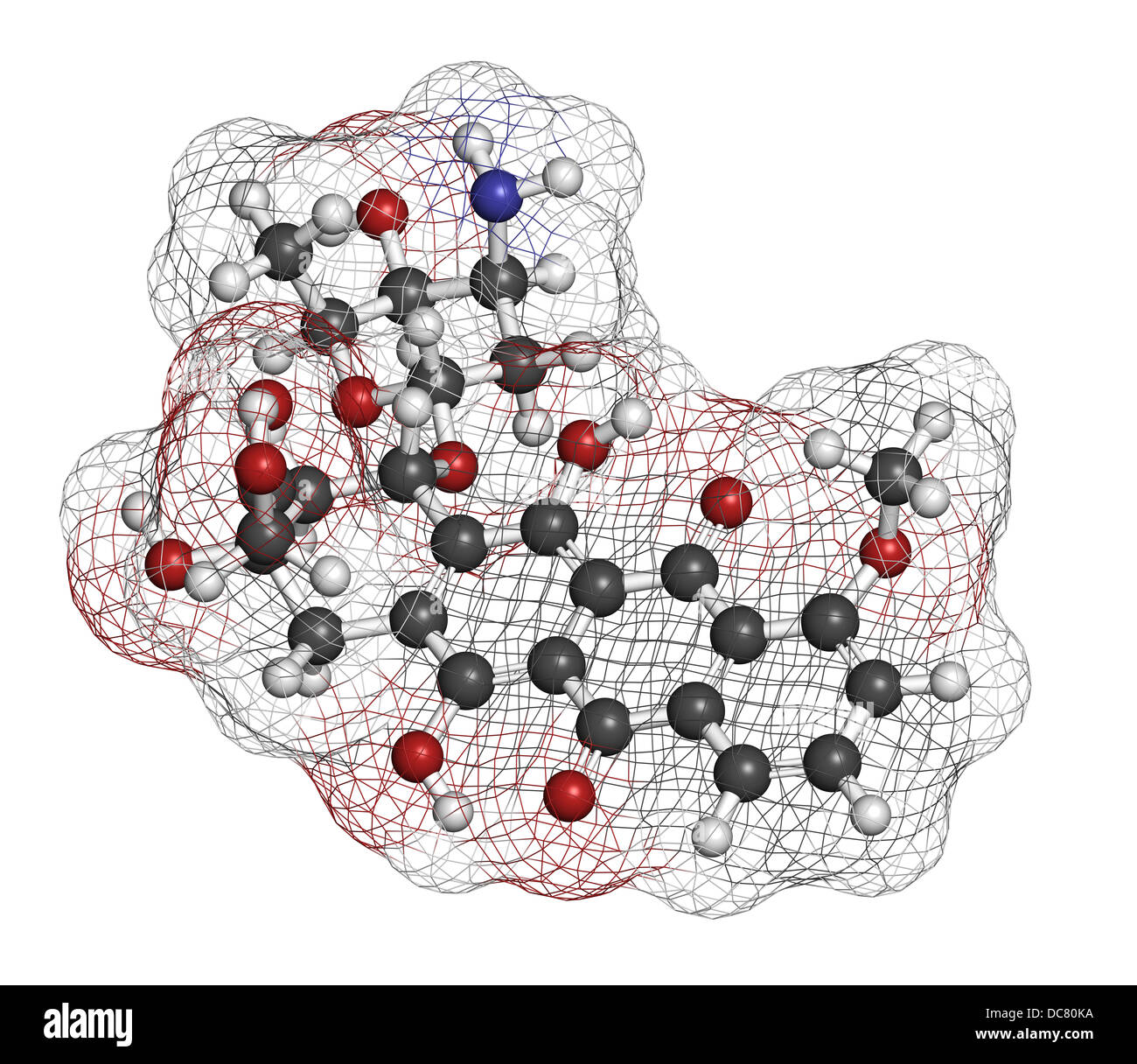 Doxorubicin cancer chemotherapy drug, chemical structure. Atoms are represented as spheres with conventional color coding Stock Photo