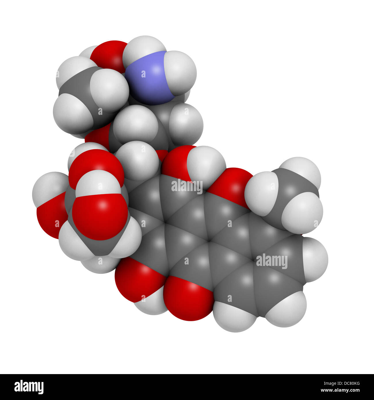 Doxorubicin cancer chemotherapy drug, chemical structure. Atoms are represented as spheres with conventional color coding Stock Photo