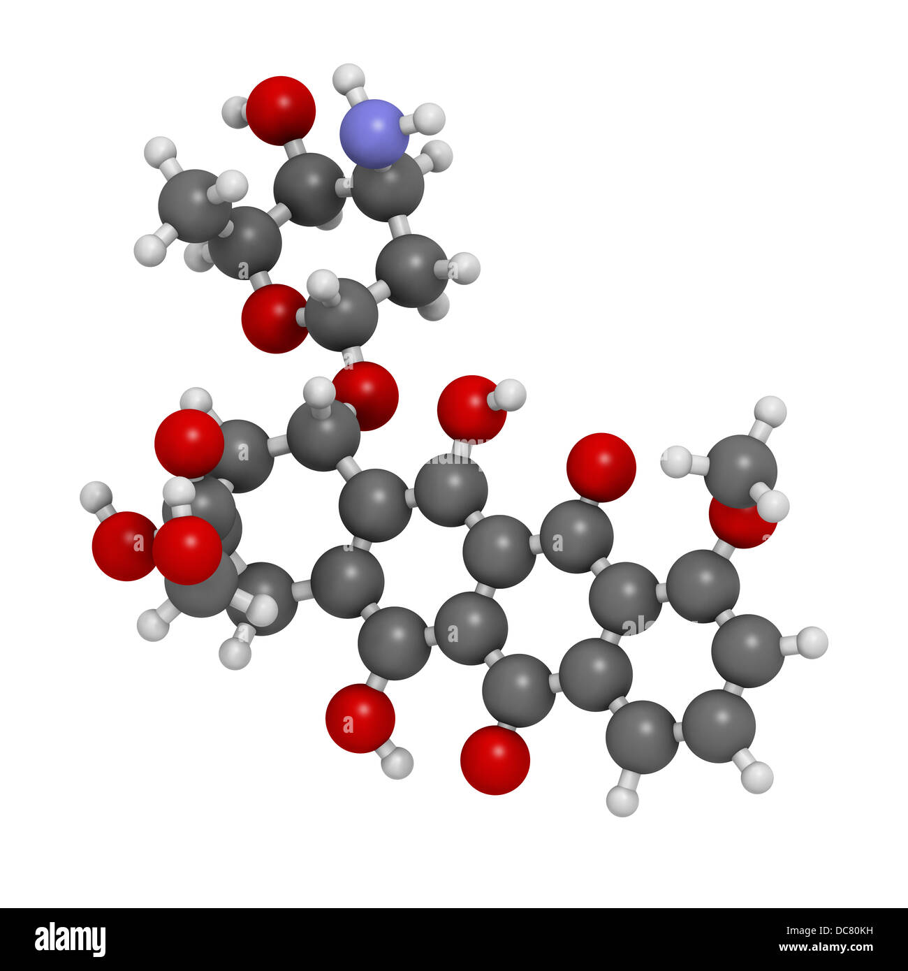 Doxorubicin cancer chemotherapy drug, chemical structure. Atoms are represented as spheres with conventional color coding Stock Photo