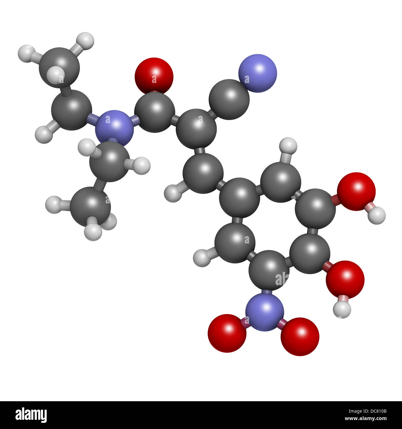 Entacapone Parkinson's disease drug, chemical structure. Atoms are