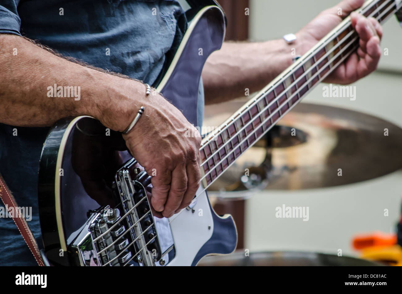 Close-up of a Bass Guitar at a Bar in Port Stanley, Ontario Stock Photo