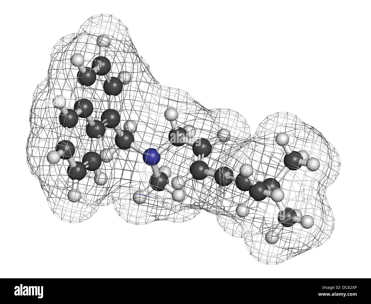 Terbinafine antifungal drug, chemical structure. Atoms are represented as spheres with