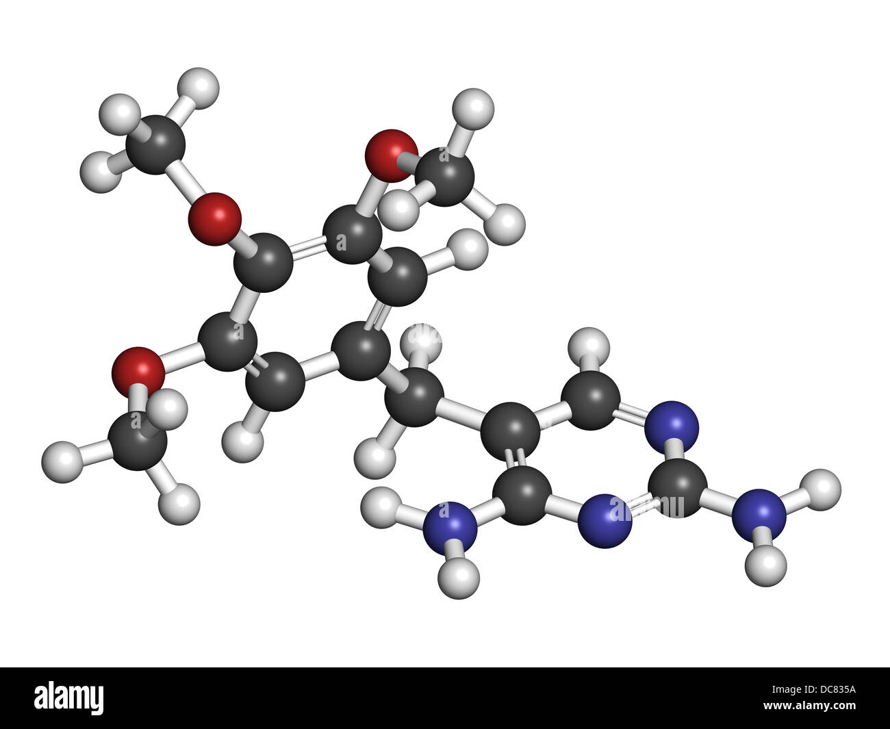 Trimethoprim antibiotic drug, chemical structure. Atoms are represented as spheres with