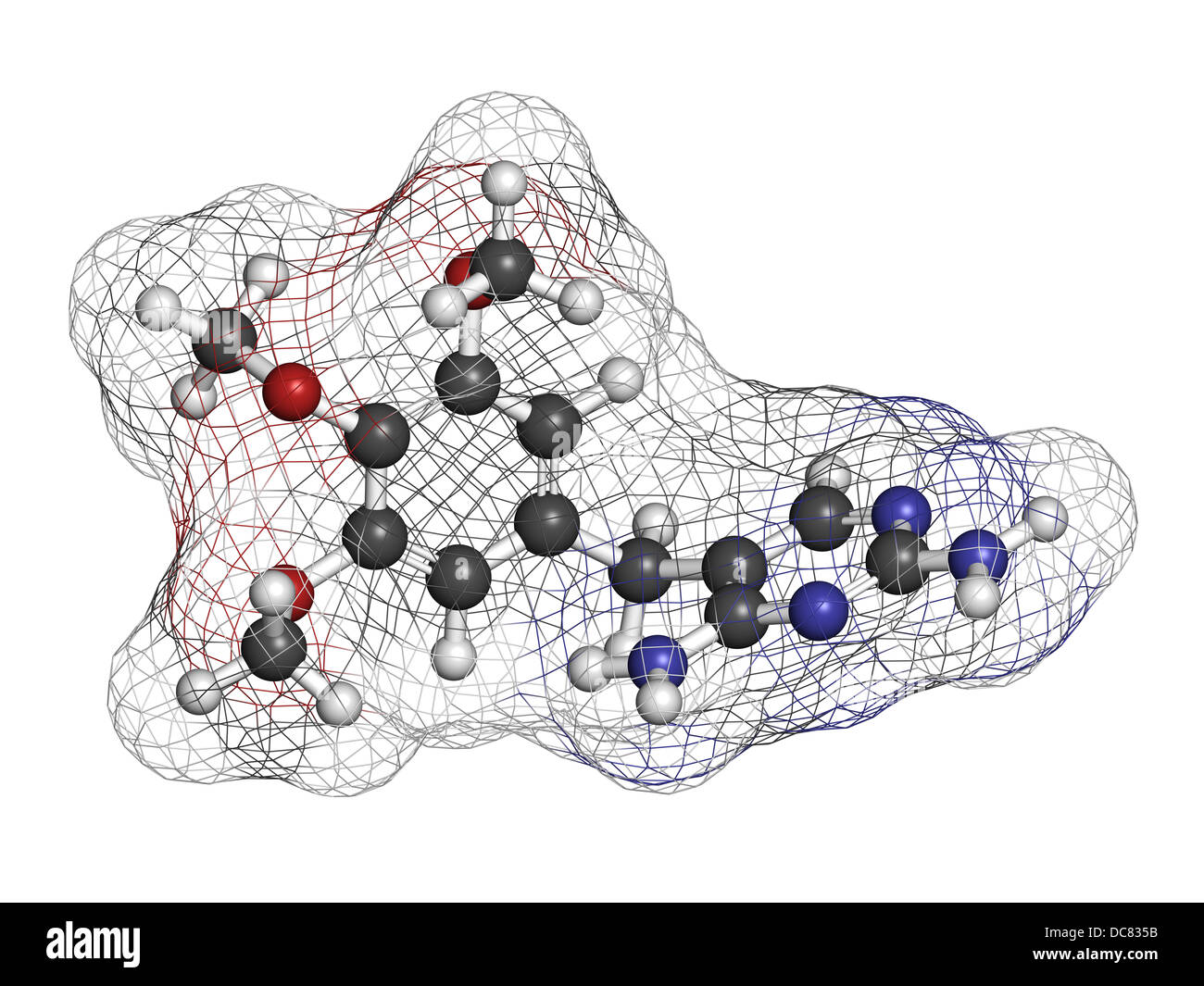Trimethoprim antibiotic drug, chemical structure. Atoms are represented