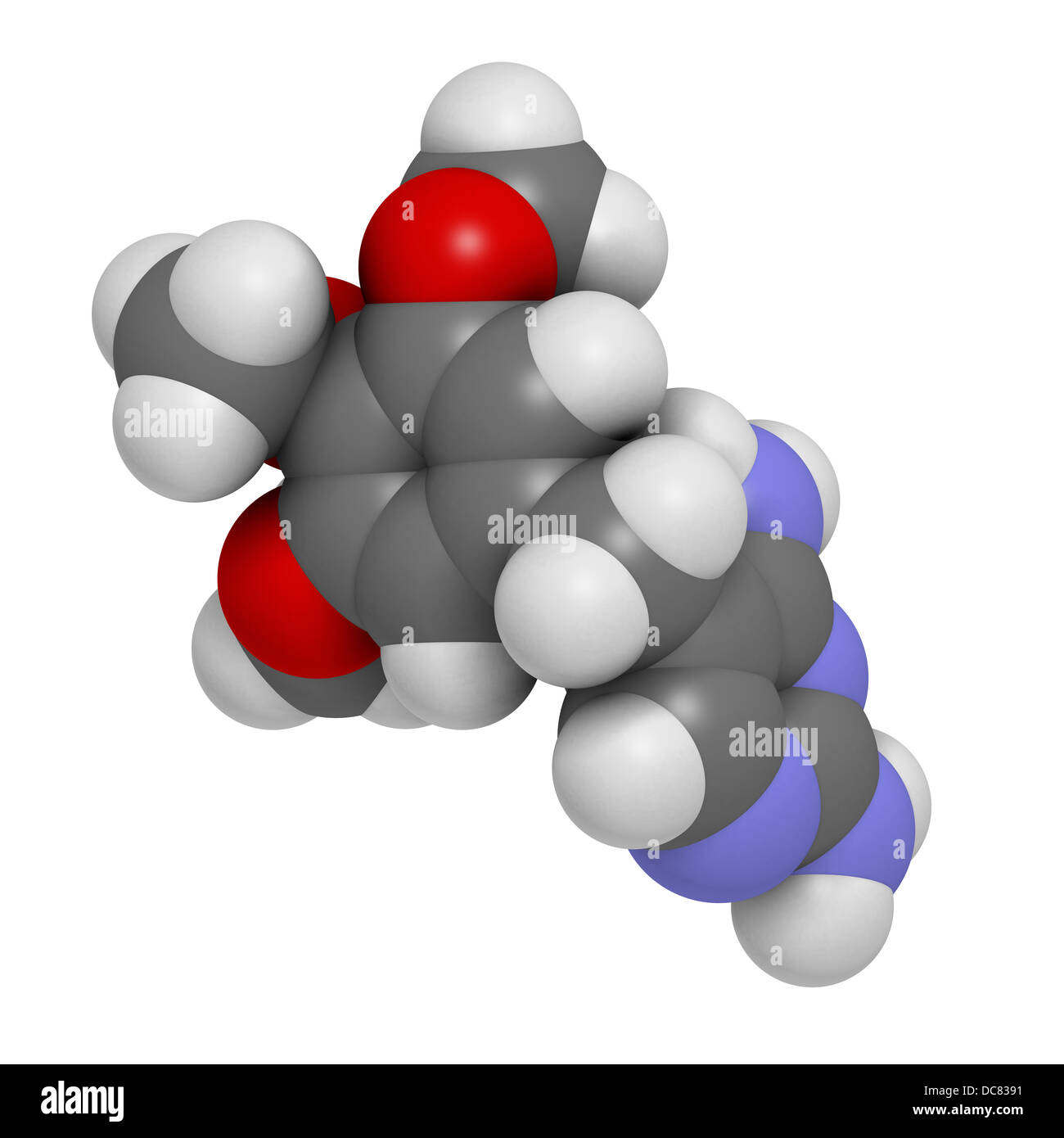Trimethoprim antibiotic drug, chemical structure. Atoms are represented