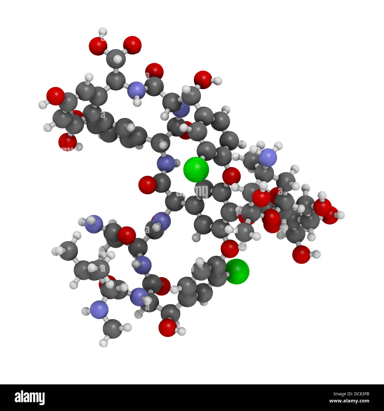 Vancomycin antibiotic drug (glycopeptide class), chemical structure. Atoms are represented as spheres with conventional color Stock Photo