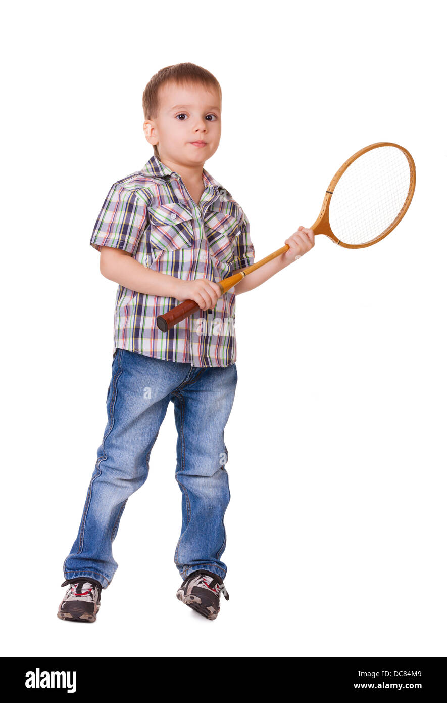 Little kid with badminton racket isolated on white background Stock ...