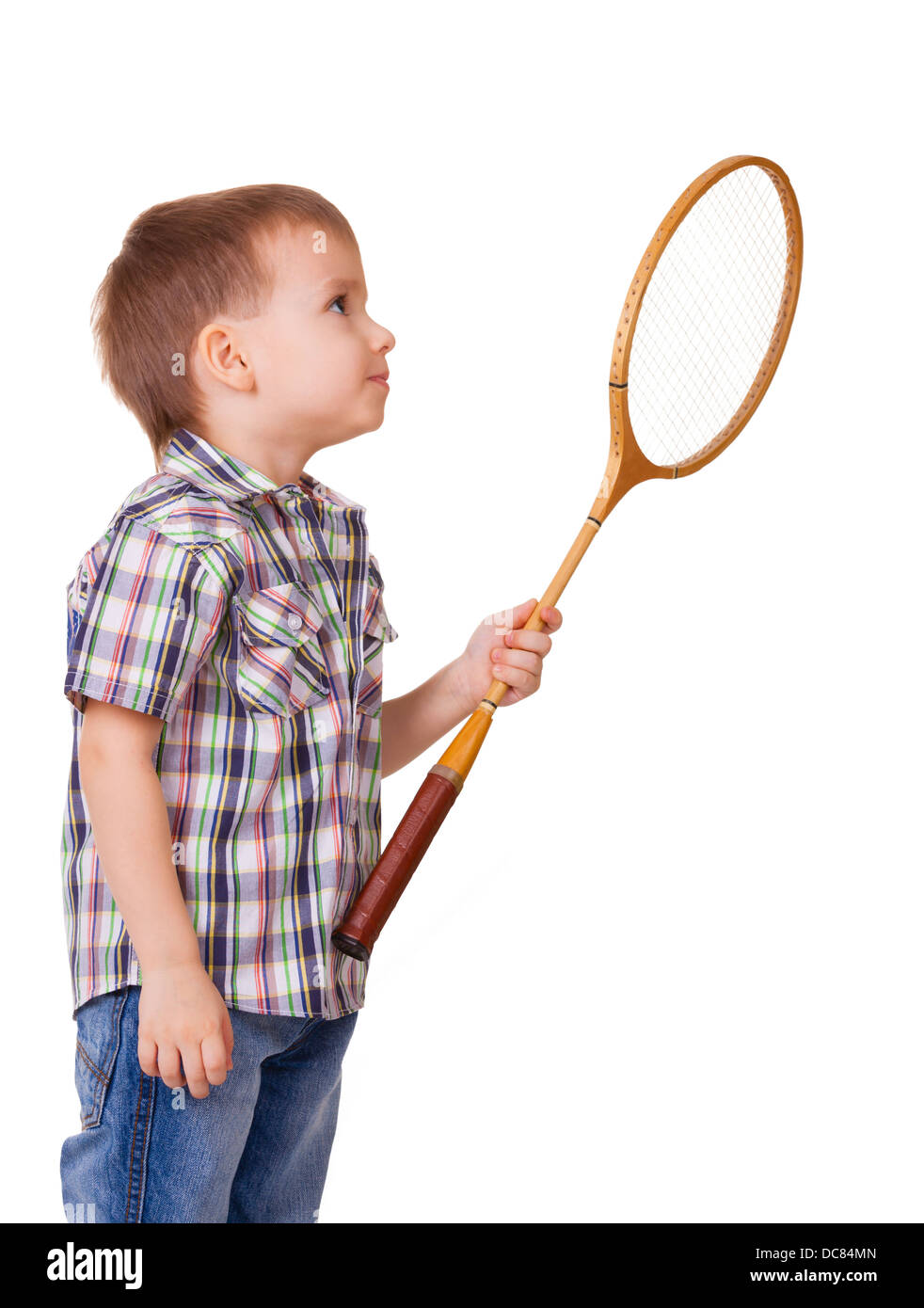 Little kid with badminton racket isolated on white background Stock ...