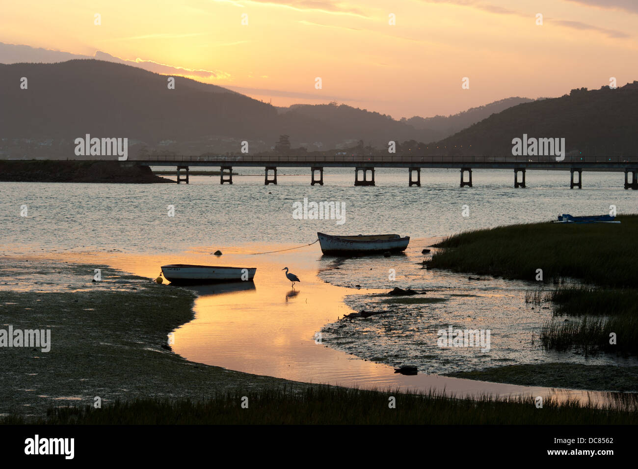 White bridge on Knysna lagoon at sunset, Knysna waterfront, Knysna, Western Cape, South Africa Stock Photo