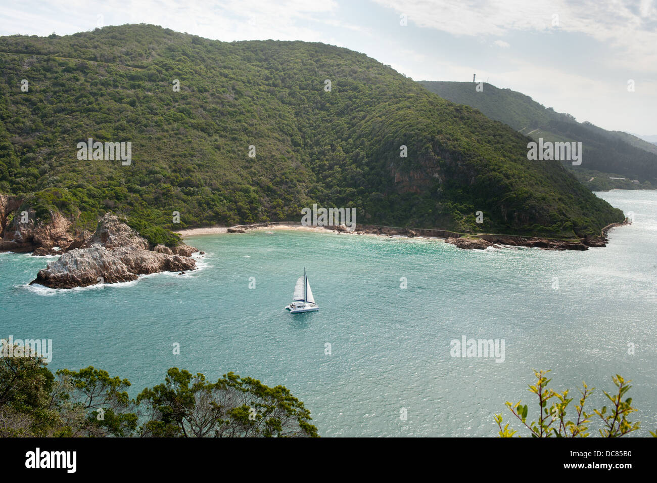 View of the Western Head and Knysna lagoon from Eastern Head Viewpoint, Knysna, Western Cape, South Africa Stock Photo