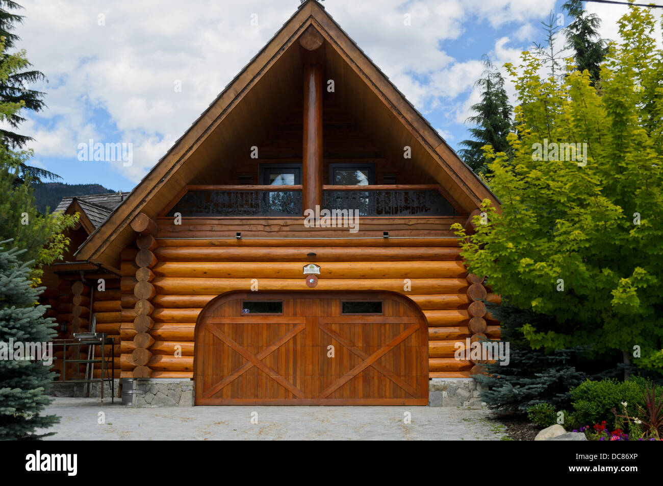 Exterior of a beautiful log home in the town of Whistler, British Columbia. Stock Photo