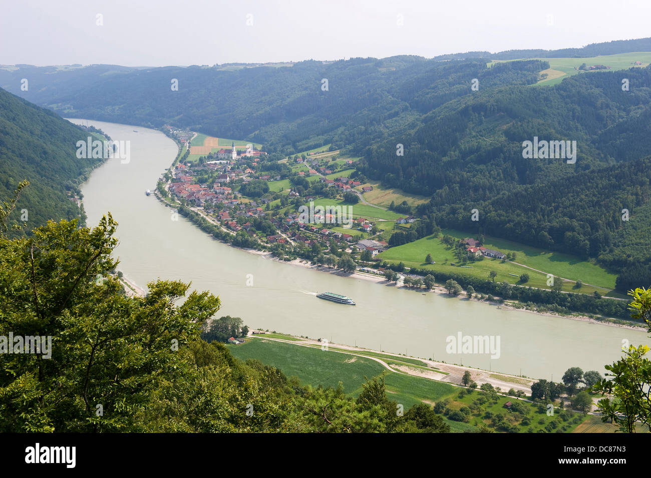 View on to the Donau river and the village of Engelhartszell in Austria near Passau Stock Photo