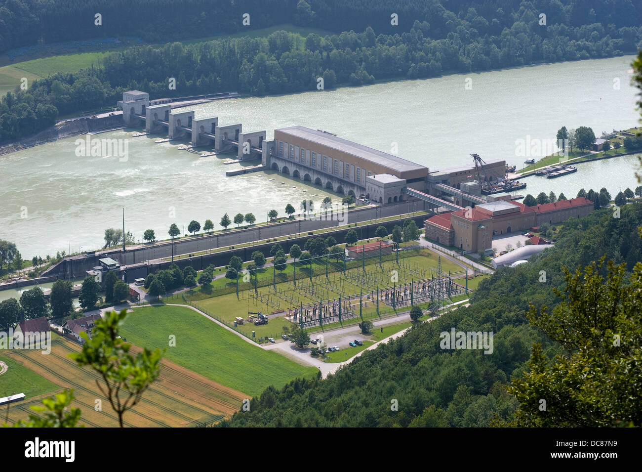 The hyrdo-electric power station with the sluice of Jochenstein in the Donau river in Southern Germany Stock Photo