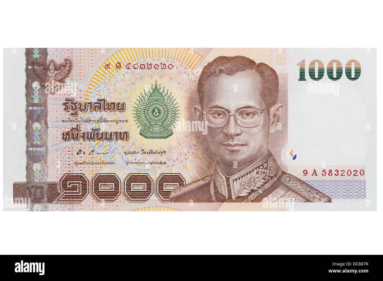 One thousand thai Baht note on a white background Stock Photo