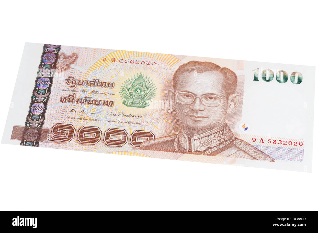 One thousand thai Baht note on a white background Stock Photo