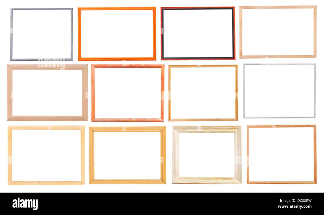 set of simple modern wooden picture frames with cutout canvas isolated ...