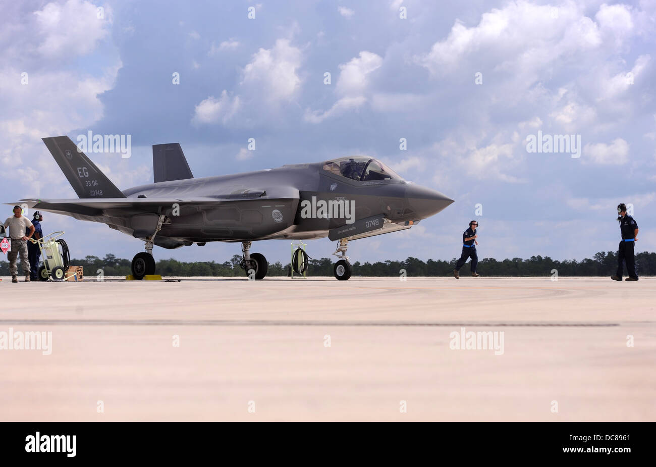 A US Air Force F35 Lightning II stealth fighter aircraft taxi's to the