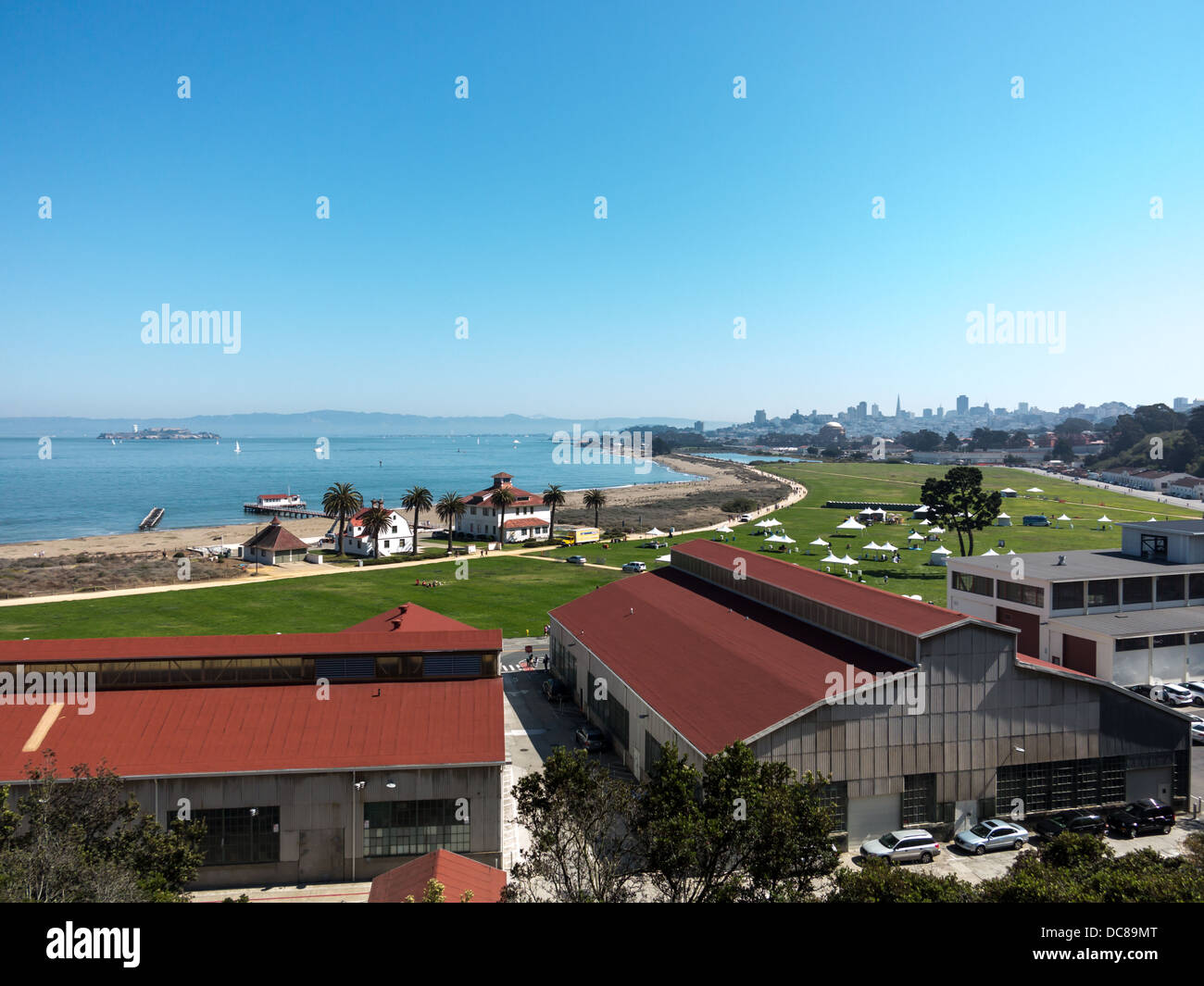 Aerial view of the Presidio Commissary and surrounding park stretching along the coast of San Francisco Bay  in California Stock Photo