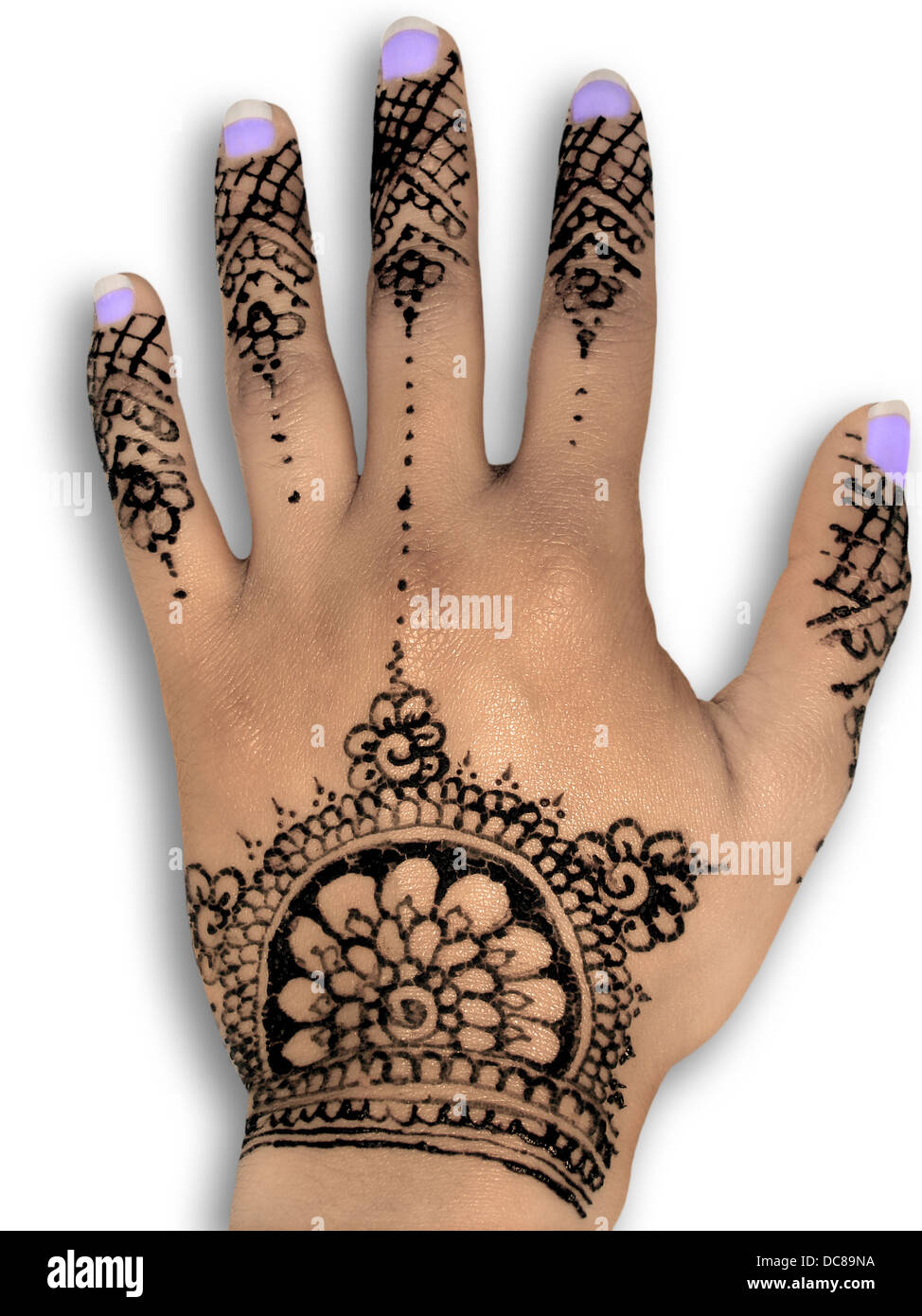 Henna mehendi design white background purple nails Stock Photo