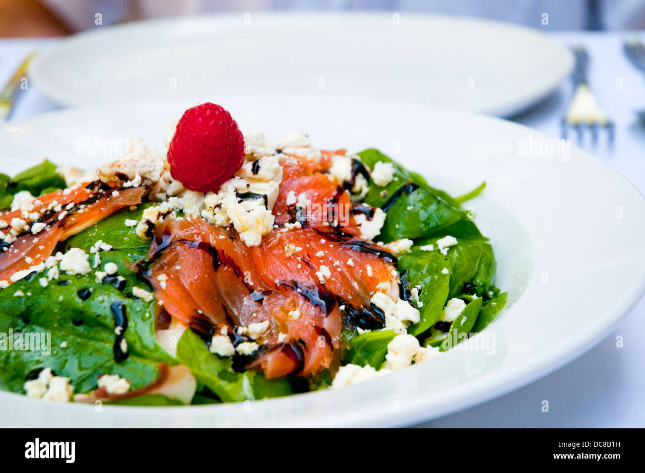 Summer salad: Spinach leaves, smoked salmon, cottage cheese with olive oil. Close view. Stock Photo