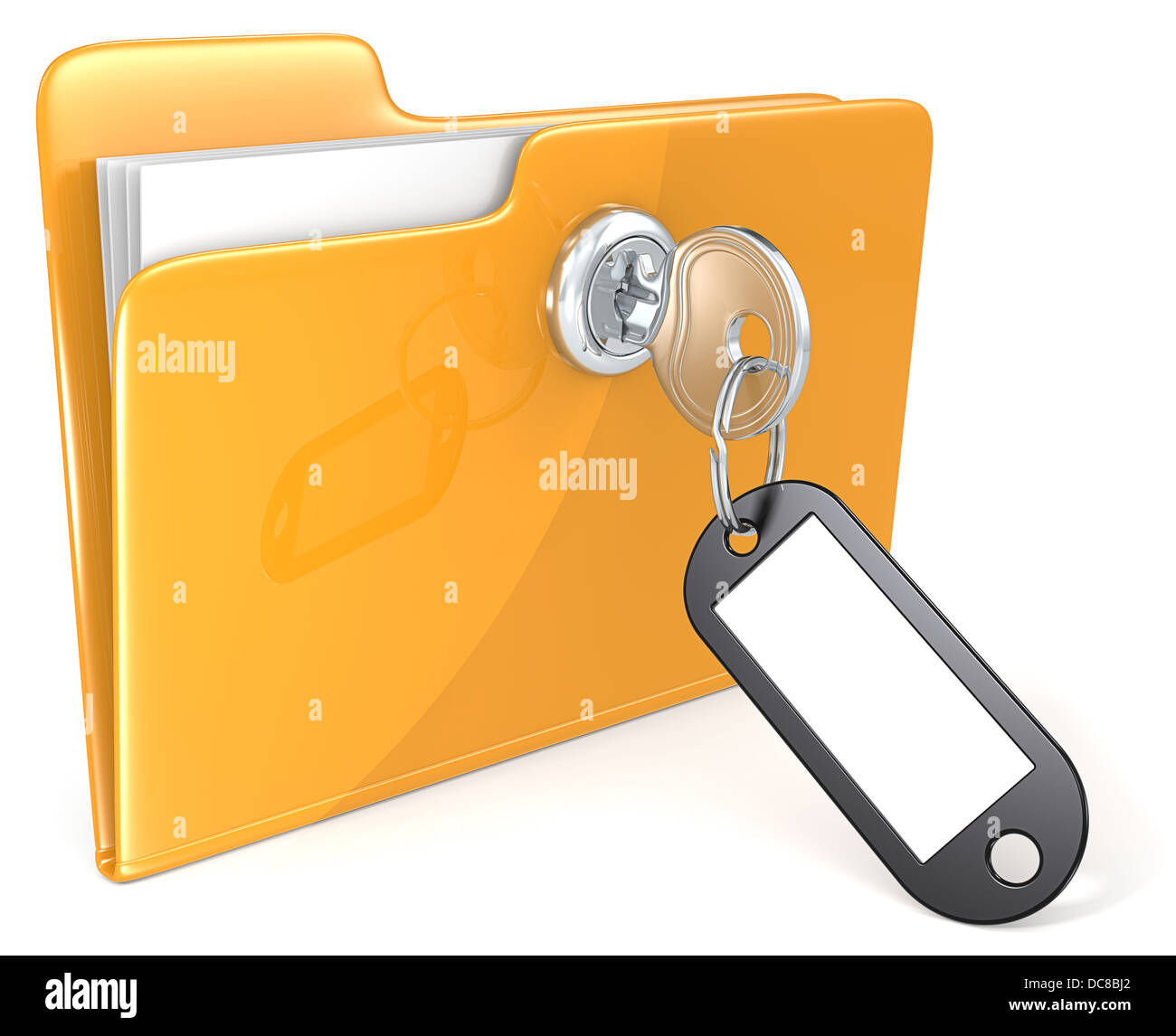 Folder with Key, Keyring and Label. Copy Space. Stock Photo
