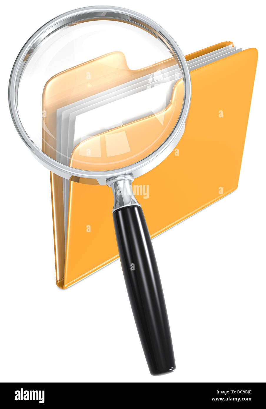 Magnifying Glass over folder. Orange. Stock Photo